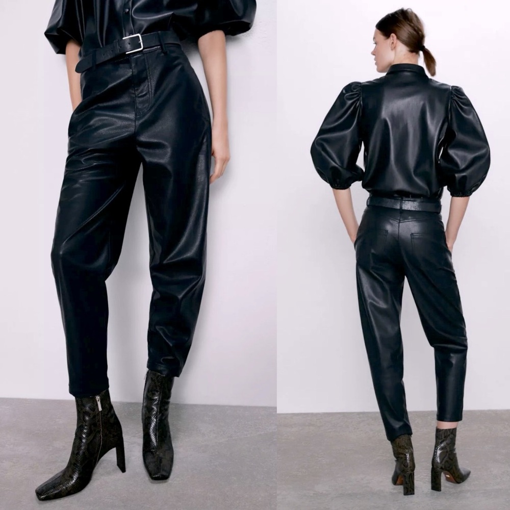 Zara FAUX LEATHER TROUSER PANTS High-waisted Black Size M NEW